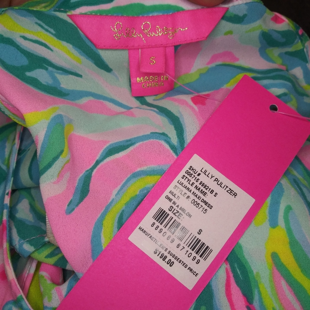 Lilly Pulitzer Luliana One In A Melon Blue Green & Pink Flowy Ruffled Maxi Dress - Picture 6 of 9